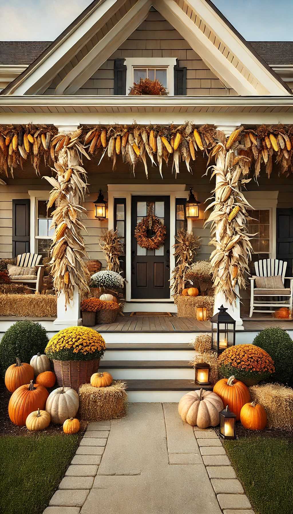 Cornstalk Garland in fall front porch