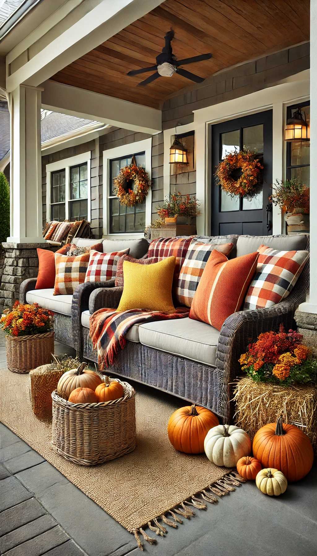 fall front porch with wicker furniture