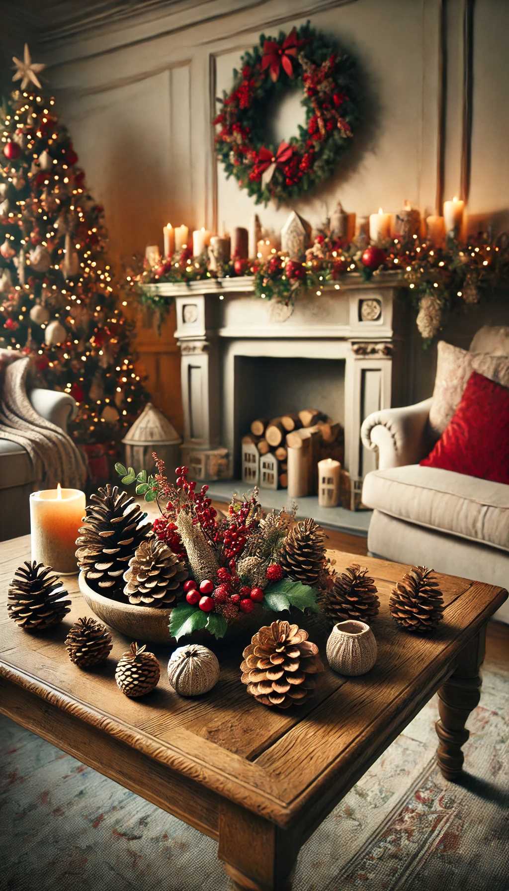 pinecones-and berry-decor-in-christmas-decor-ideas-for-living-room