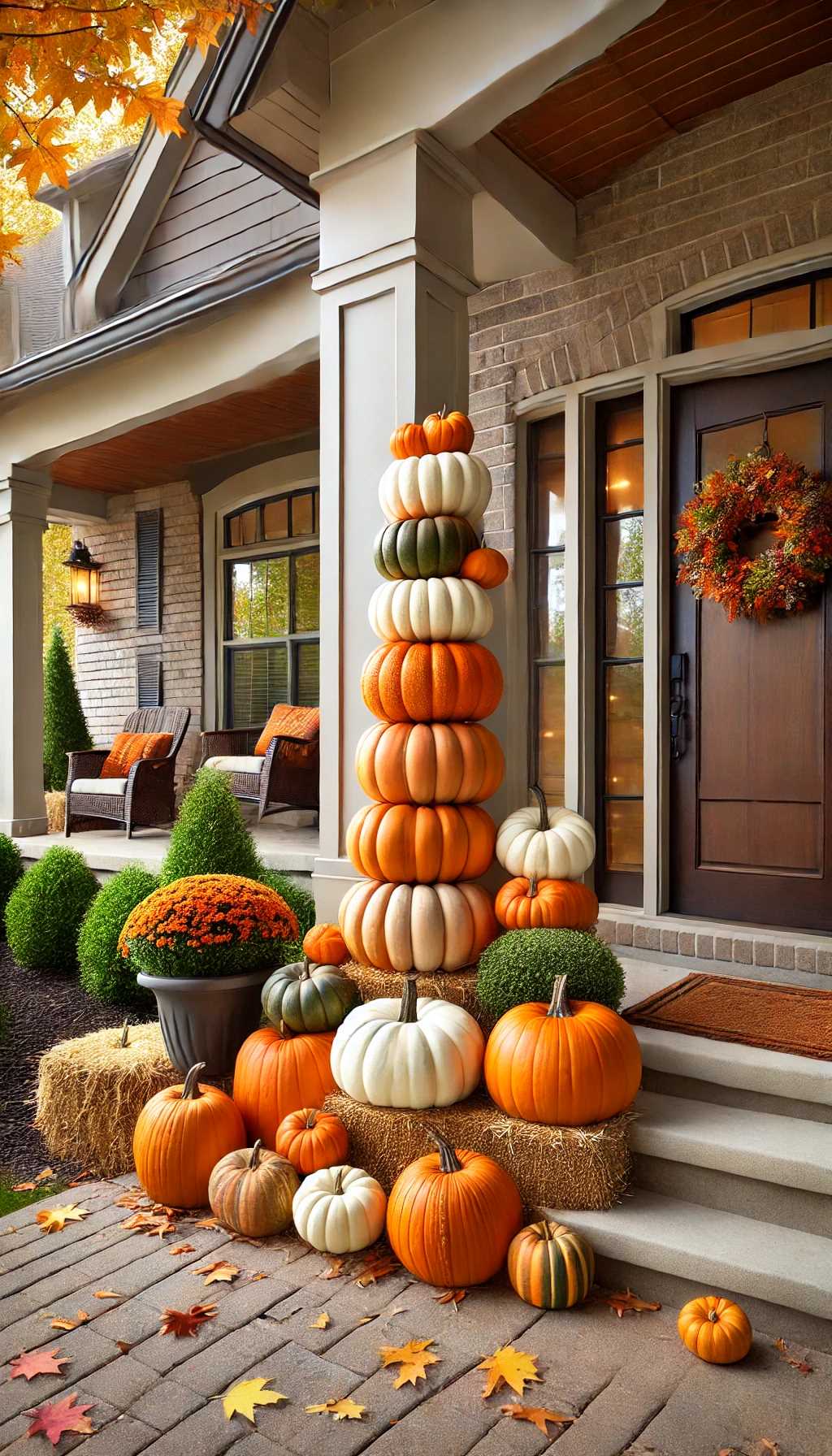 pumpkin topiary in front porch for fall