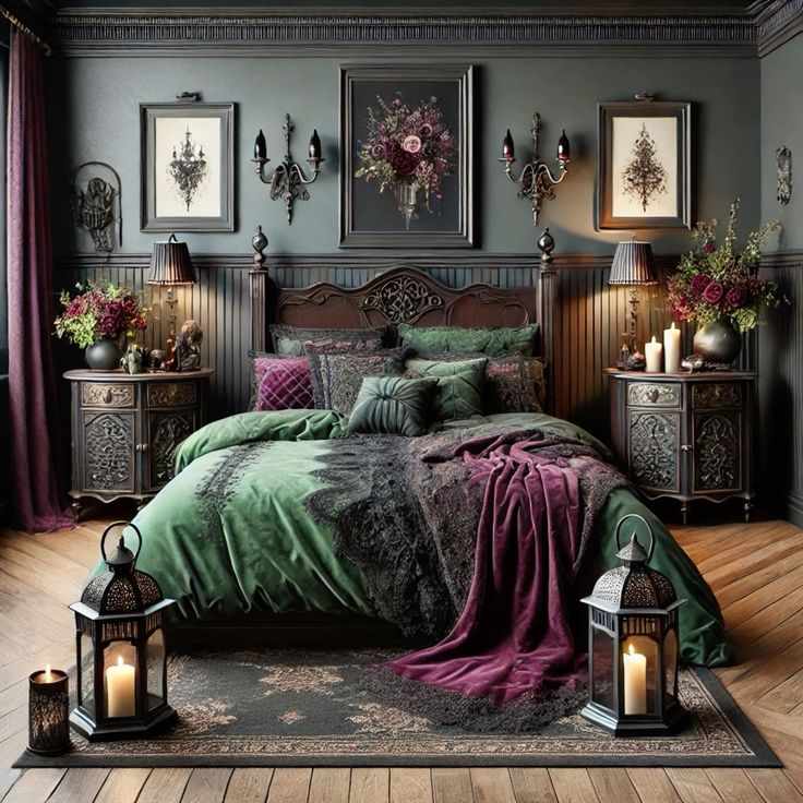 chandelier-and-vintage-furniture-purple-gothic-bedroom-decor-ideas