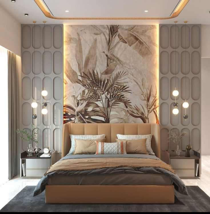 feature-wall-with-textured-wallpaper-luxurious-bedroom-ideas