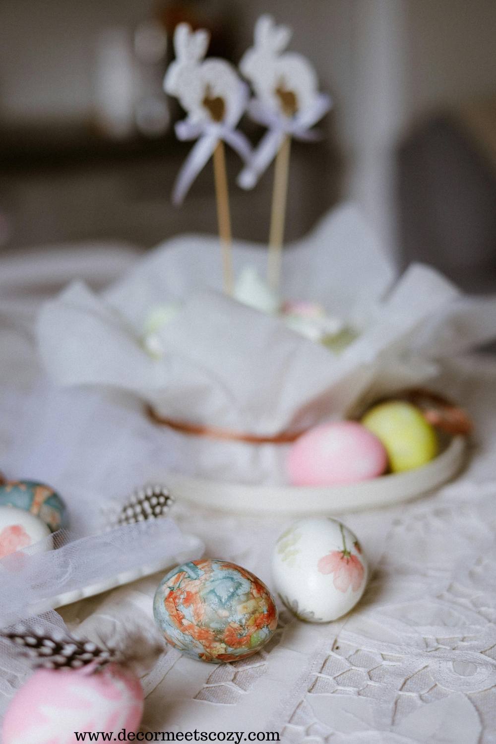 Vintage Easter tables lace with eggs 