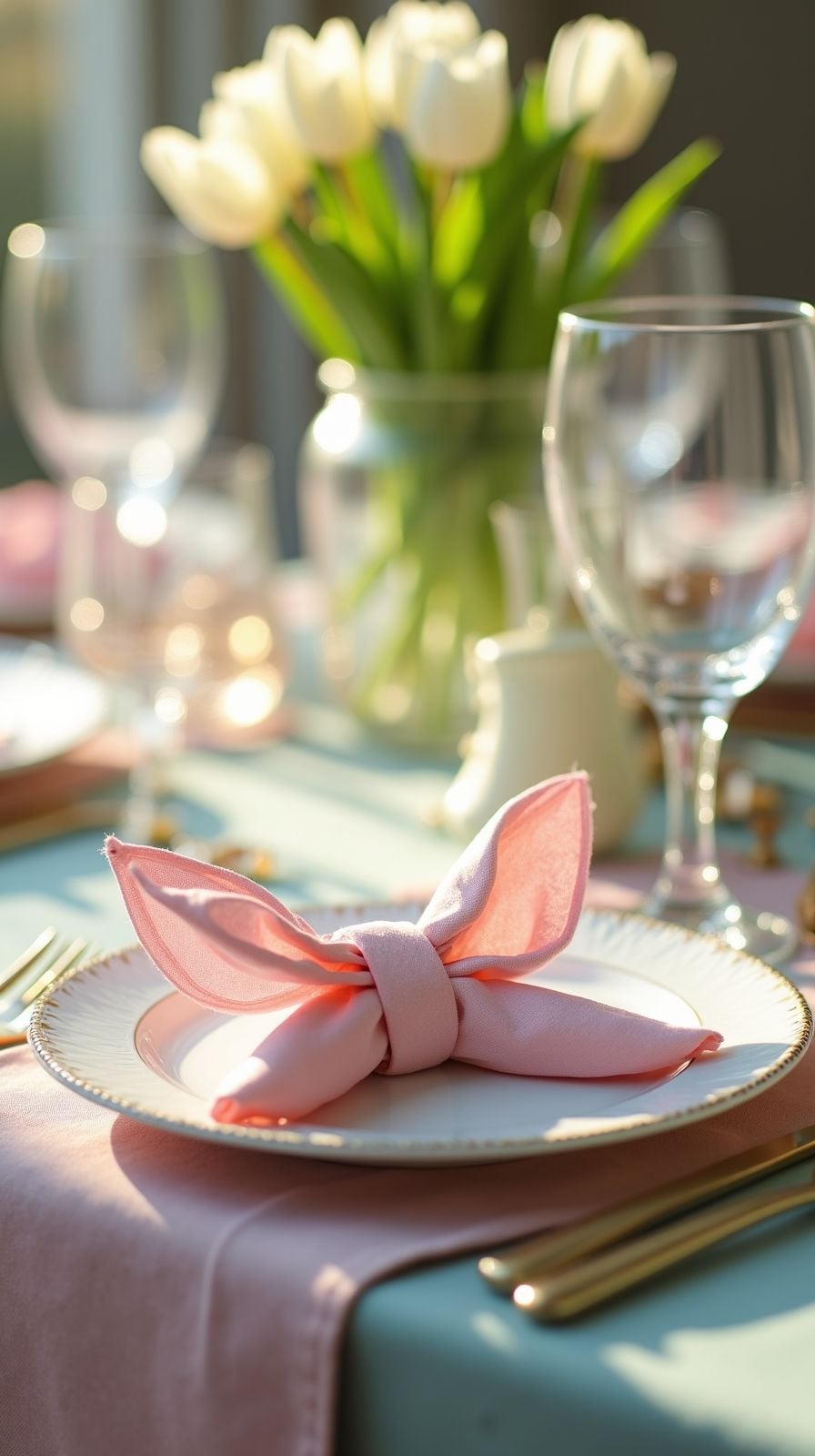 napkins with a small ribbon, place a tiny flower or egg on each plate