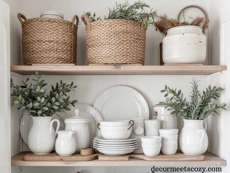 openshelf with wooden baskets, cutleries and flower vase.