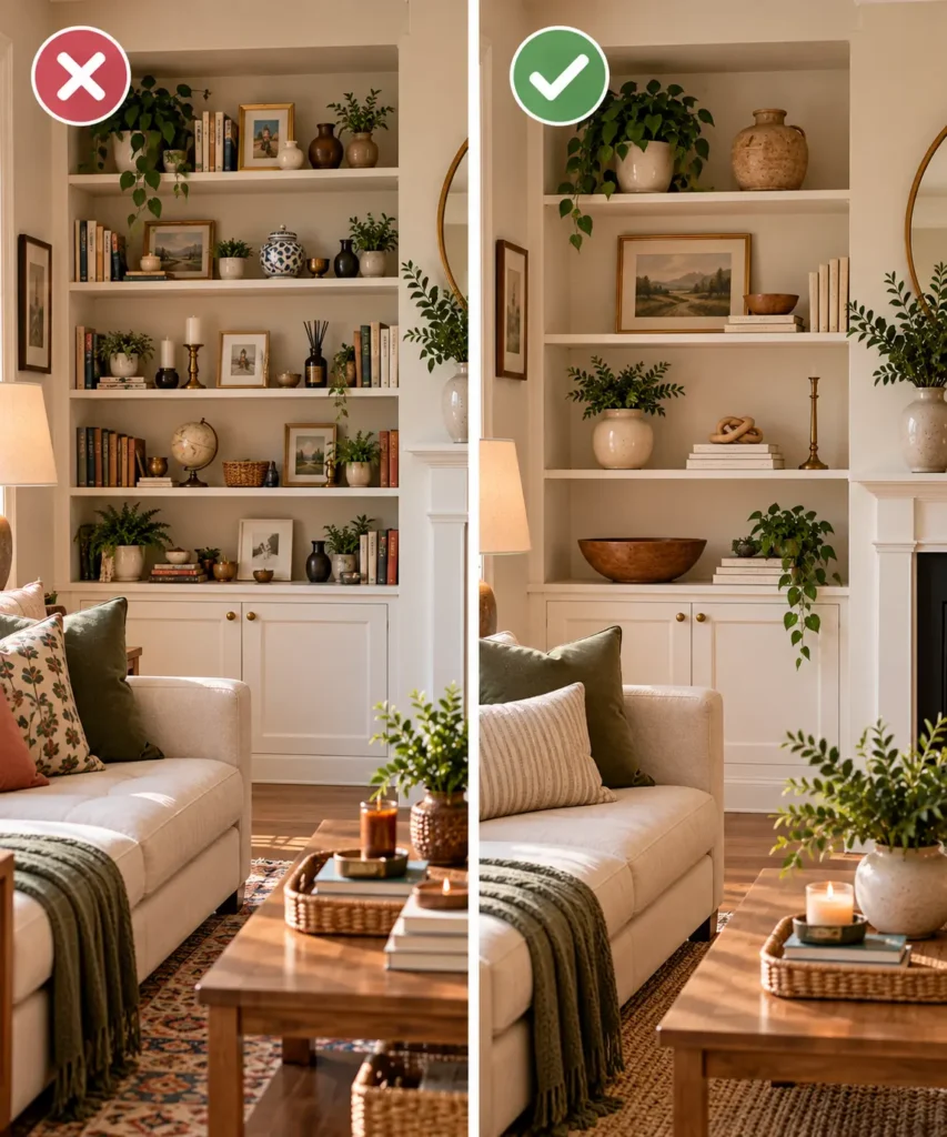 Cluttered vs Simplified Shelf Styling