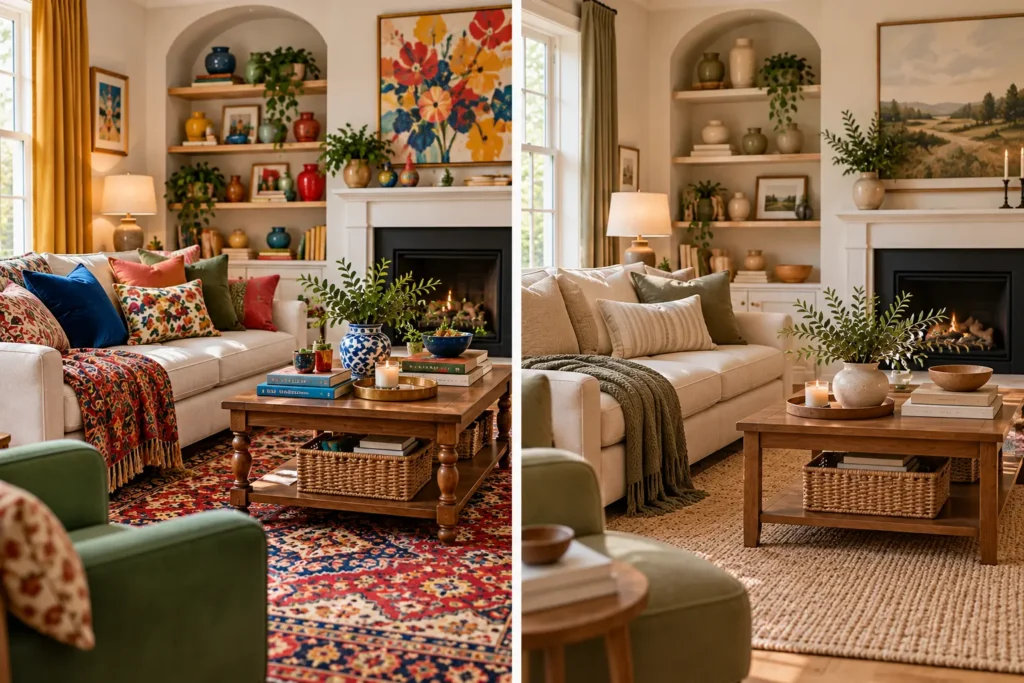 Maximalist-Versus-Serene-Living-Room How to Decorate a Home When Visual Clutter Overwhelms You
